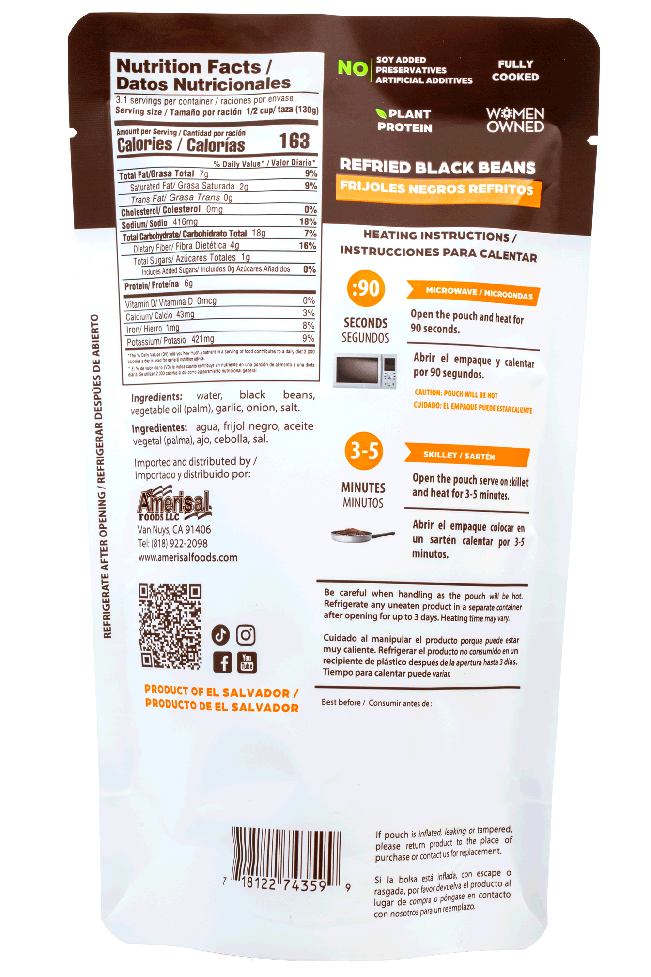 Perla Refried Black Beans (Frijoles Negros Refritos) 14 oz, Single Pouch