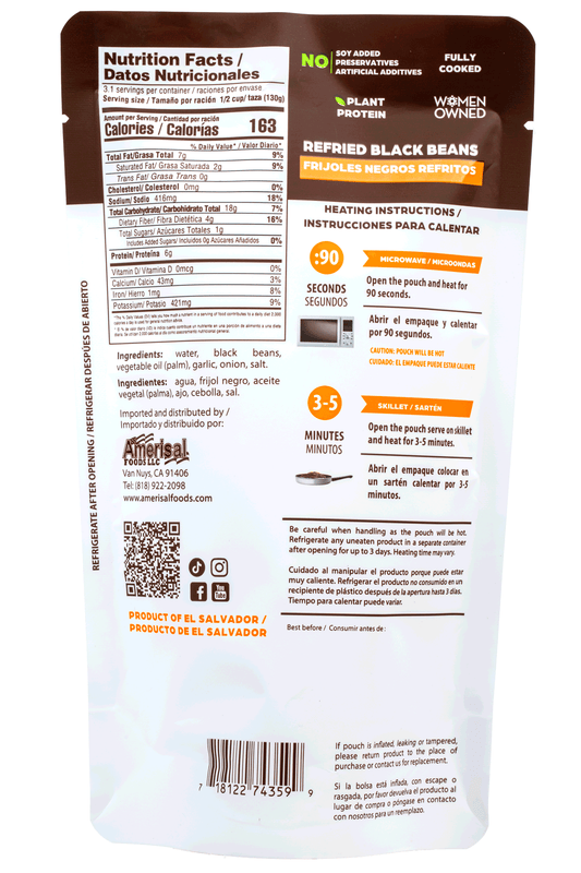 Perla Refried Black Beans (Frijoles Negros Refritos) 14 oz, Single Pouch