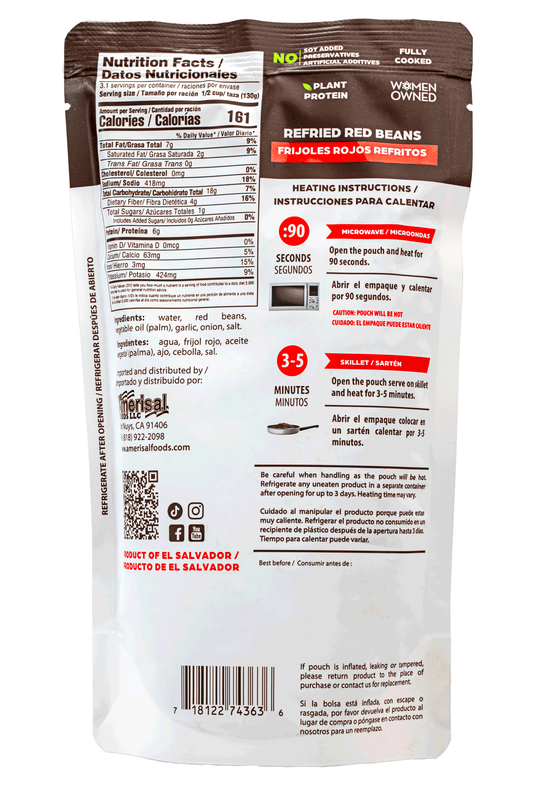 Perla Refried Red Beans (Frijoles Rojos Refritos) 14 oz, Single Pouch