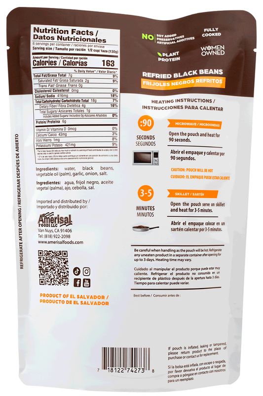 Perla Refried Black Beans (Frijoles Negros Refritos) 28.2 oz, Single Pouch