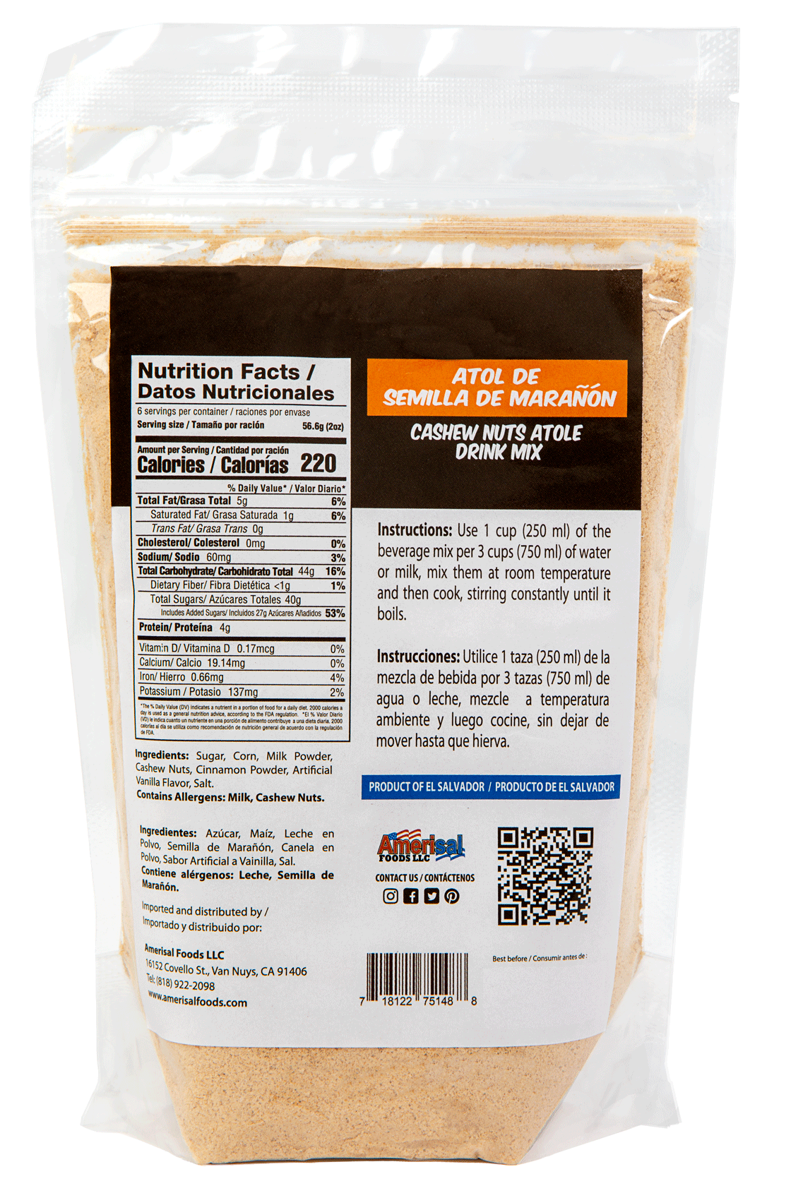 Perla Atol de Semilla de Maranon (Cashew Nuts Atole Drink) 12 oz, Case of 20