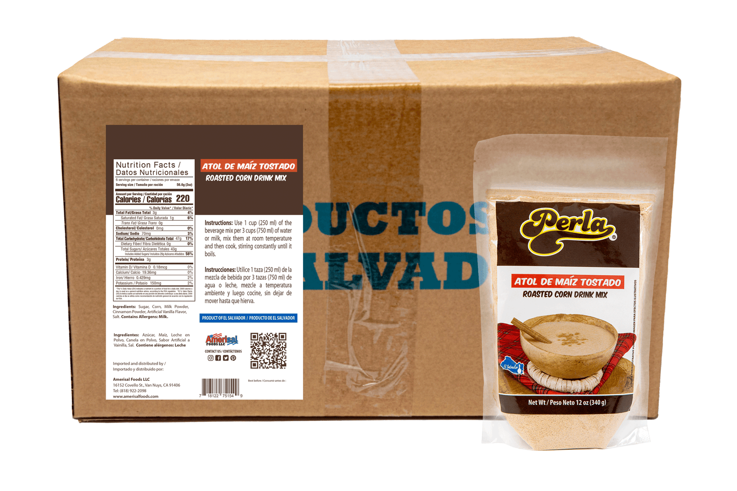 Perla Roasted Corn Drink Mix (Atol de Maiz Tostado) 12 oz, Case of 20