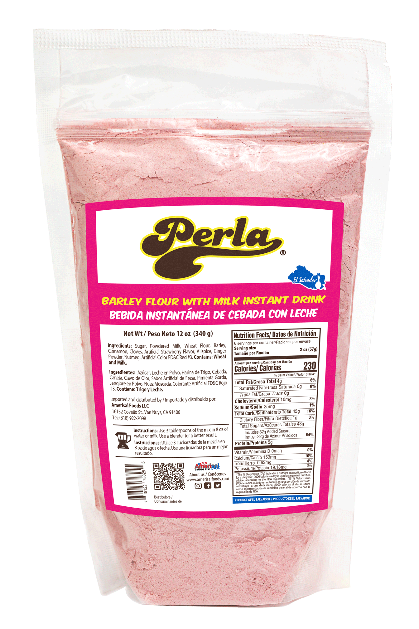 Perla Barley Flour with Milk Drink (Refresco de Cebada) 12 oz, Single Pouch
