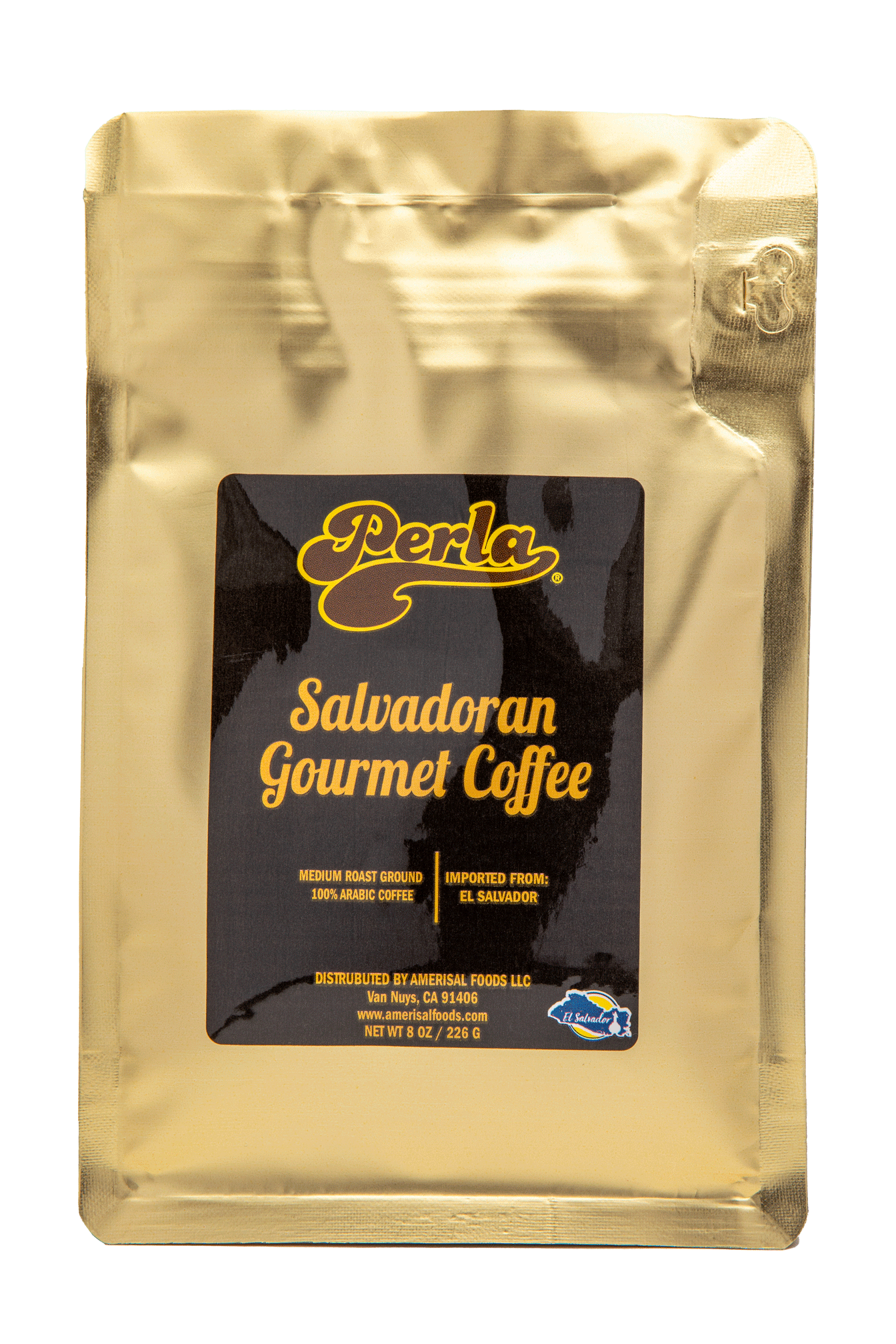 A package of Perla brand Salvadoran Gourmet Coffee, 8 oz, medium roast ground 100% Arabic coffee, with a label displaying the product name and origin.