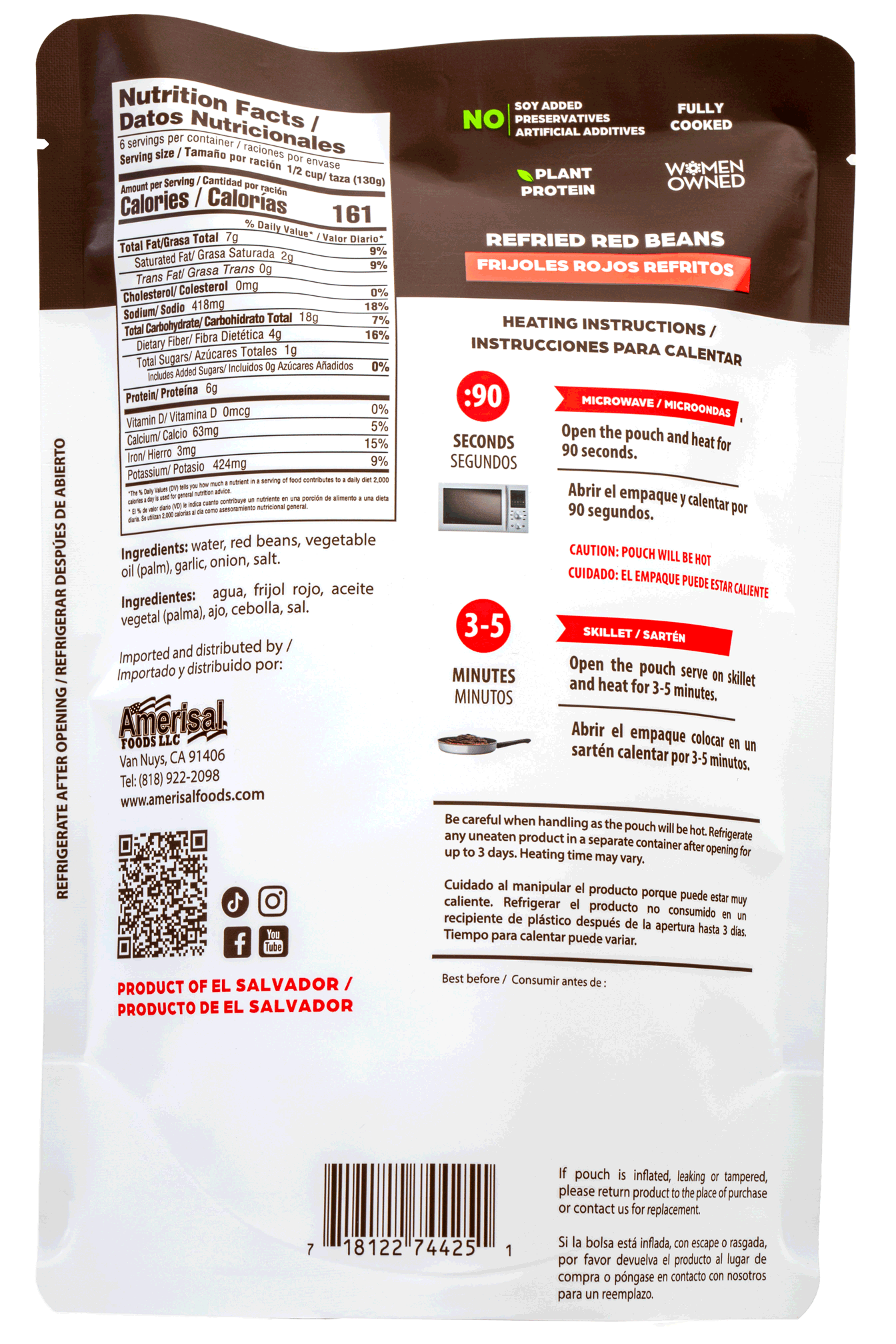 Perla Refried Red Beans (Frijoles Rojos Refritos) 28.2 oz, Single Pouch