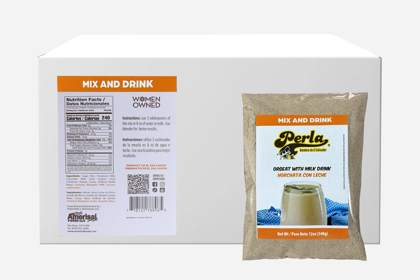 Perla Orgeat with Milk Drink Mix (Horchata con Leche) 12 oz, Case of 20