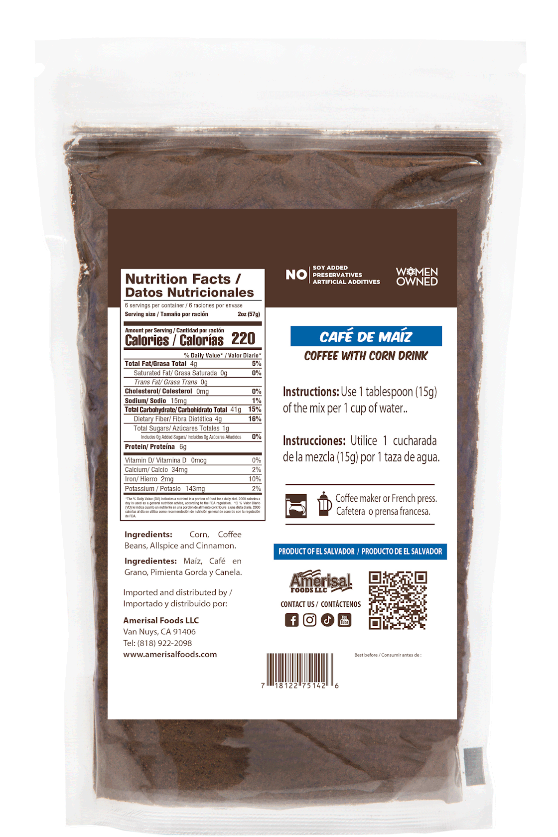Perla Coffee with Corn Drink Mix (Cafe de Maiz) 12 oz, Single Pouch