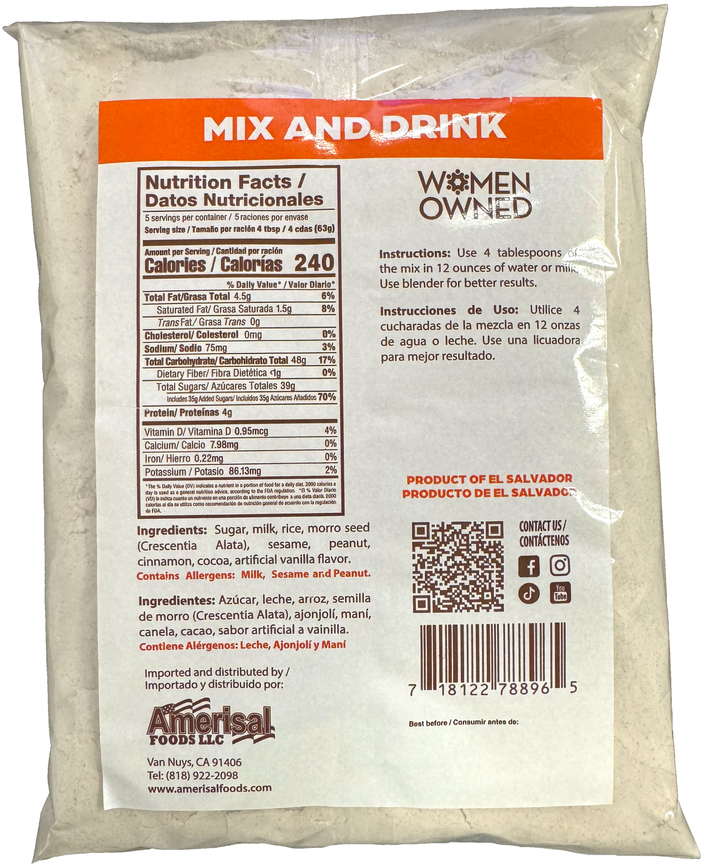 Perla Orgeat with Milk Drink Mix (Horchata con Leche) 12 oz, Single Pouch