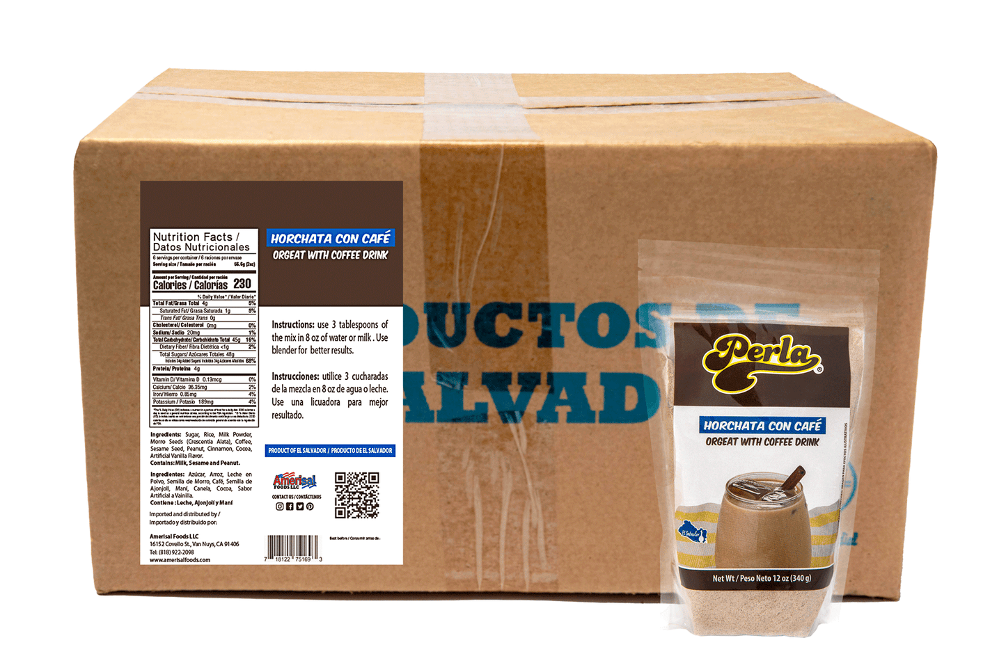 Perla Horchata Salvadoreña con Cafe (Orgeat with Coffee Drink) Case of 20 (12 oz each)