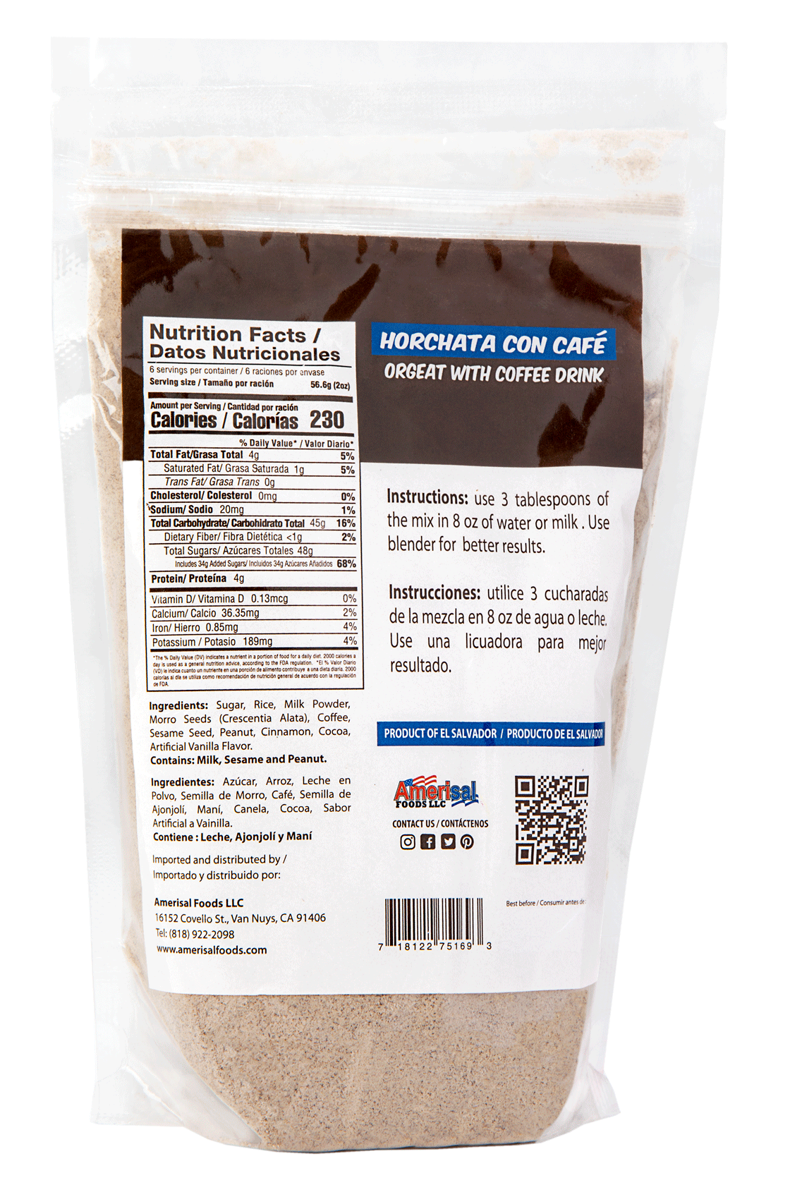 Horchata con Cafe (Orgeat with Coffee Drink Mix) 12 oz, Single Pouch